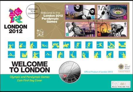 This first day cover celebrates the London 2012 Paralympics and features the UK 'Welcome to the London 2012 Paralympic Games' miniature sheet with the official UK Silver Paralympic £5 Coin.