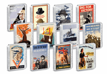 The World War II Posters Ingot Set includes 12 Silver-Plated ingots which each feature a full colour recreation of a famous World War II propaganda poster. Comes in a protective presentation pack.