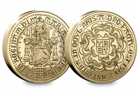 A replica Queen Mary sovereign plated in 24 carat gold. The reverse of this replica features a portrait of Elizabeth with long flowing hair. The reverse features a shield of arms.