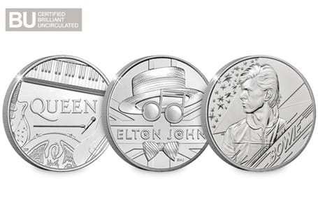 This £5 collection includes three 2020 releases in the
Royal Mint's Music Legends series. All coins
are protectively encapsulated and certified as Brilliant Uncirculated
quality.