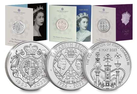This bundle includes the BU £5 packs issued by The Royal Mint for Queen Elizabeth II's Platinum Jubilee, In Memoriam, and King Charles III's Coronation. 