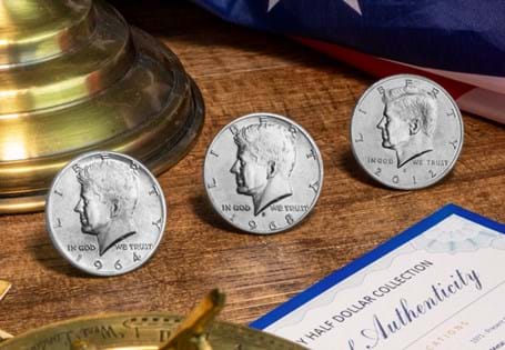The John F. Kennedy 3 Coin set includes three Kennedy Half Dollars. 