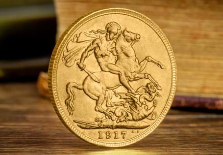 1917 Sovereign. Features George V 1917 on the obverse and St. George and the Dragon on the reverse. Weight: 7.98g, Diameter: 22mm, Metal: 22 Carat Gold