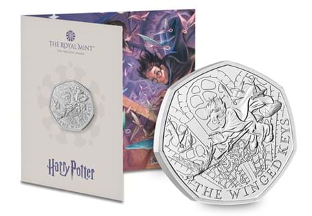 This UK 50p features Harry Potter Winged Keys and it has been issued by The Royal Mint. Struck to a Brilliant Uncirculated quality and displayed in official Royal Mint packaging.