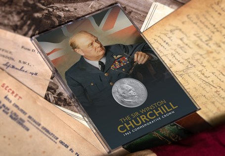 This Churchill frame houses the 1965 UK Crown issued to mark the death of Winston Churchill. It has been created to commemorate the 150th anniversary of his birth year in 2024
