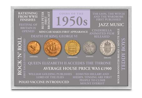 Includes a collection of coins from the 1950s presented in a collector's frame.