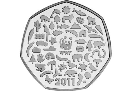 Issued in 2011 to commemorate 50 years of the WWF. Reverse design features 50 different icons to represent the work of the organisation along with the famous panda. Uncirculated quality