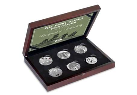 The First World War Allies Six Coin Silver Set contains 6 coins from the WWI Allied countries of; Canada, Australia, New Zealand, United Kingdom, France and Gibraltar. 