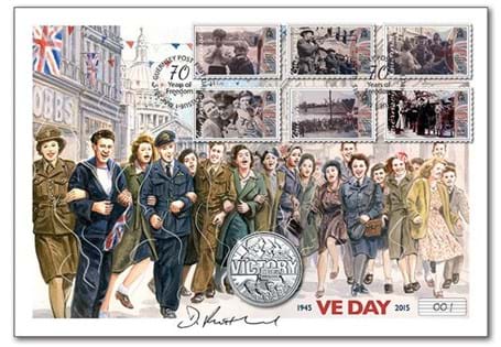 Large coin cover issued to mark the 70th Anniversary of VE Day. Features official Guernsey Liberation stamps, and Guernsey £5 VE Day Cuni Proof Coin.First 250 covers signed by designer David Pentland.