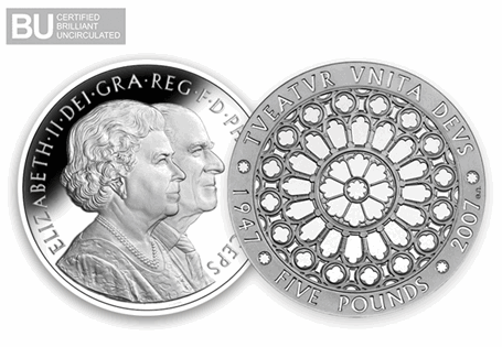 To celebrate the Diamond Wedding Anniversary of the Queen and the Duke of Edinburgh in 2007, a £5 coin was issued. 