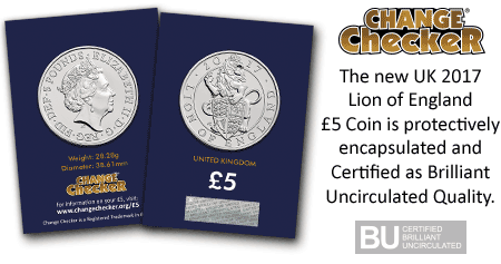 Lion of England BU 5 Pound Coin in Packaging
