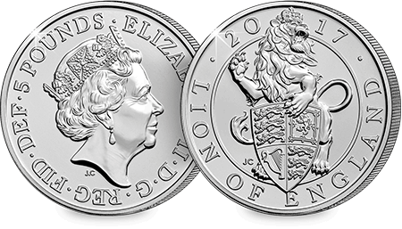Lion of England BU 5 Pound Coin Obverse Reverse
