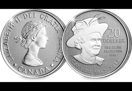 This 2012 dated $20 coin has been struck by the Royal Canadian Mint in pure silver. Features Queen Elizabeth portrait on reverse and bust of Queen Elizabeth II on obverse. Edition limit of 250,000