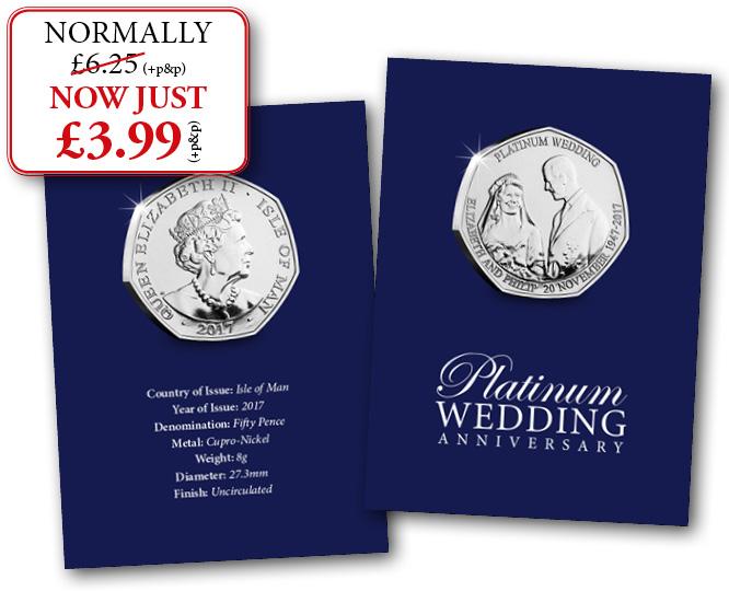 Platinum Wedding 50p Coin with packaging