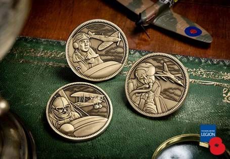 A set of three officially licensed RBL 'Live On' Commemoratives. Die cast to an impressive high relief, the commemoratives represent the WWI, WWII, and modern eras.