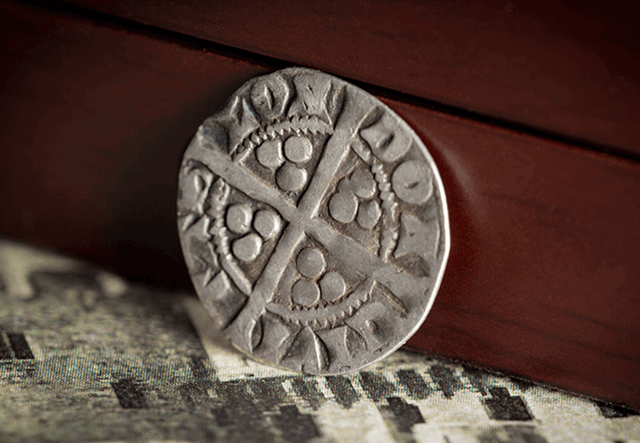 Edward I Silver Penny with brown and grey background
