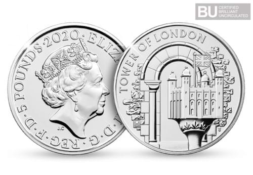 Tower of London The White Tower BU 5 pound obverse and reverse
