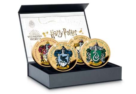 Your set includes four gold-plated Commemoratives each featuring the House Crests of Hogwarts School of Witchcraft and Wizardry, to a Proof finish. Obverse: Official Harry Potter Logo. Limited to: 995