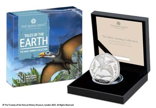 UK 2021 Dimorphodon Silver Proof 50p in display box beside front of pack