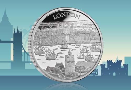 UK 2022 City Views London 1oz Silver Proof Coin Reverse on a London skyline background