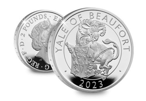 Tudor Beasts Yale Of Beaufort Silver 1Oz Reverse With Obverse In Background