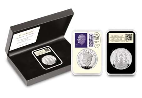 Includes the UK 2023 Silver Proof Coronation 50p Coin, alongside a Royal Mail King Charles III 1st Class Stamp postmarked on the day of the Coronation – 6th May 2023