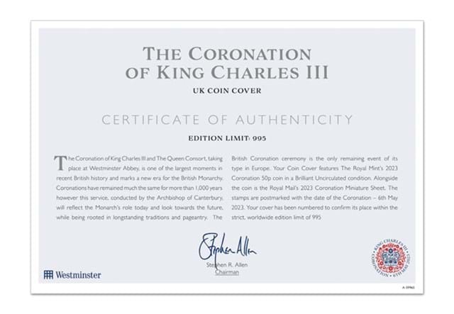 2023 KCIII Coronation Coin And Stamps Cover Certificate Of Authenticity