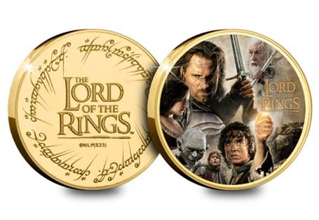 This is the first commemorative in The Lord of the Rings™ Collection. It features a The Return of the King film poster montage style image on the reverse and the Lord of the Rings logo on the obverse.
