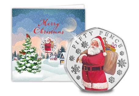 This Christmas card features the new 2023 Father Christmas 50p in vivid colour - encapsulated within the card to protect its superior Brilliant Uncirculated finish. The inside is left blank.