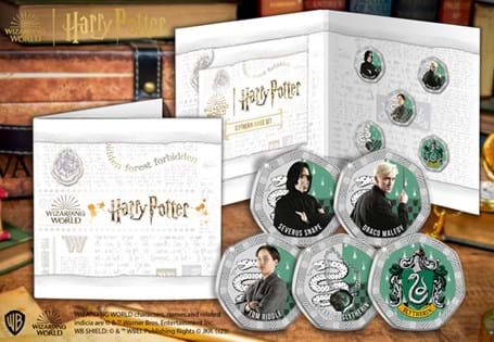 Officially licensed by Warner Bros. Consumer Products, this commemorative set features stunning colour design of notable Slytherin members alongside the Slytherin Crest and The Locket of Slytherin.