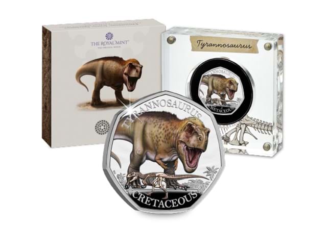 T Rex Silver 50P Colour Coin In Front Of Pack