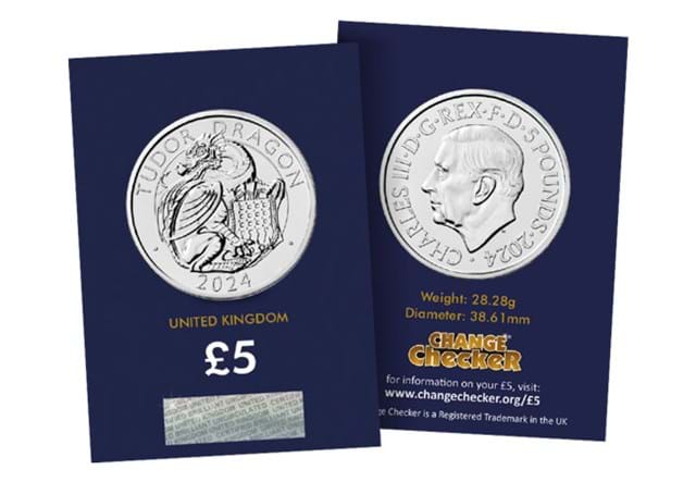 2024 UK Tudor Dragon £5 in Change Checker packaging reverse and obverse