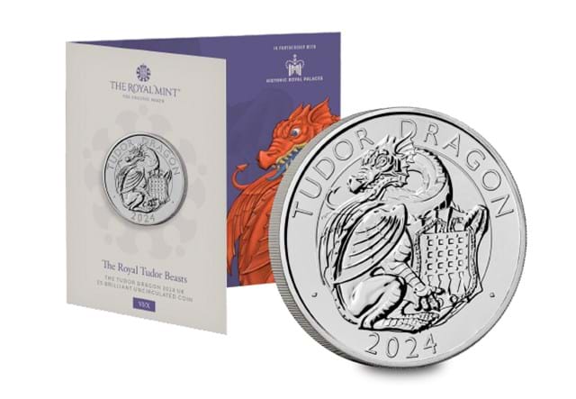 UK 2024 Tudor Dragon BU £5 Coin In Front Of Packaging