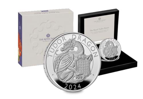 UK 2024 Tudor Dragon 1Oz Silver Coin In Front Of Packaging Whole Image