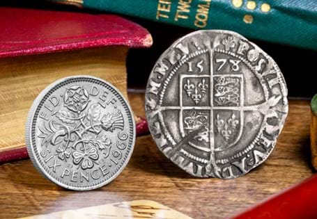 This historic pair features a genuine Elizabeth I Sixpence alongside the last circulating pre-decimal sixpence: the UK 1966 Sixpence.