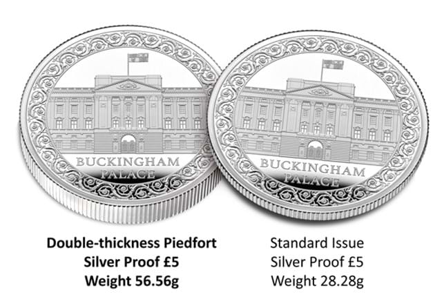 KGH1 UK 2024 Buckingham Palace Silver Piedfort £5 Coin In Comparison To A Standard £5 Coin