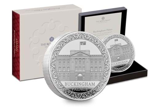 KGH1 UK 2024 Buckingham Palace Silver Piedfort £5 Coin In Front Of Packaging Whole Product