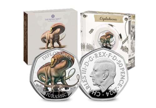 243L UK 2024 Diplodocus Silver Proof 50P Coin In Front Of Packaging Whole Product