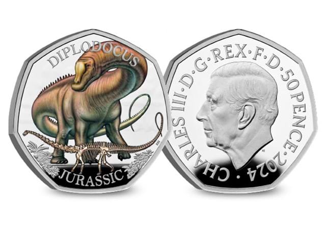 243L UK 2024 Diplodocus Silver Proof 50P Coin Obverse And Reverse