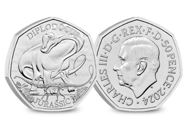 934J UK 2024 Diplodocus BU 50P Pack Coin Obverse Reverse