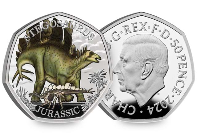 UGX7 UK 2024 Stegosaurus Silver Proof Colour 50P Coin Obverse And Reverse