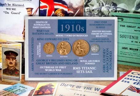 Includes a collection of coins from the 1910s presented in a collector's frame.