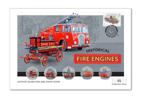 This Ultimate Silver Proof 50p Coin Cover presents all five 2024 Jersey Fire Service Silver Proof 50p coins, alongside Jersey Post's St. Helier Fire Engine Stamp. Only 50 available. 