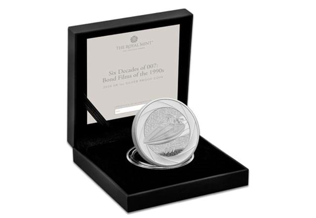PUU4 UK 2024 Six Decades Of 007 1990S 1Oz Silver Coin In Open Box