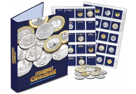 A ring binder album available for Change Checker users to build the full collection of 10p, 50p £1 and £2 coins. Includes 6 PVC pocket pages and ID cards for each coin.