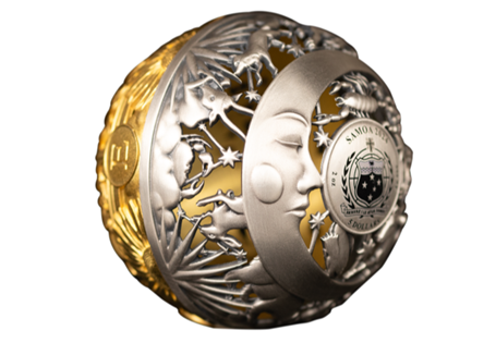 This spherical coin is struck from 2oz of Pure Silver. The sun's golden radiance is also enhanced with 24 Carat Gold plating and the moon's serenity in antique finish. Just 1499 worldwide.