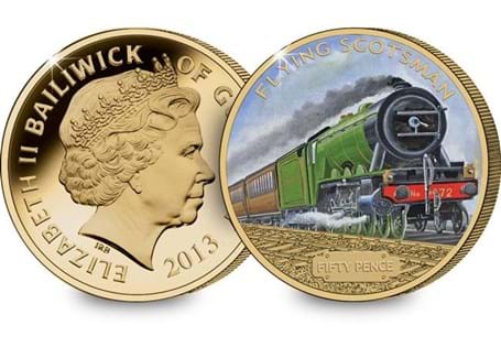 Plated in 24 Carat Gold, this Guernsey Fifty Pence Coin features a colour image of The Flying Scotsman Steam Locomotive with engraved train tracks. 