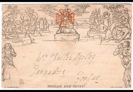The first ever example of pictorial pre-paid stationery, issued at the same time as the Penny Black in 1840. These envelopes were beautifully illustrated by William Mulready.