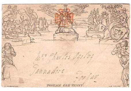 The first ever example of pictorial pre-paid stationery, issued at the same time as the Penny Black in 1840. These envelopes were beautifully illustrated by William Mulready.