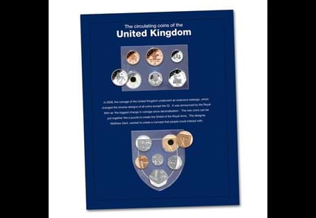 A card page to fit in the Change Checker album, featuring space for all old designs of UK coins 1p - 50p as well as the new versions re-designed in 2008 - arranged to form the Royal Arms Shield.